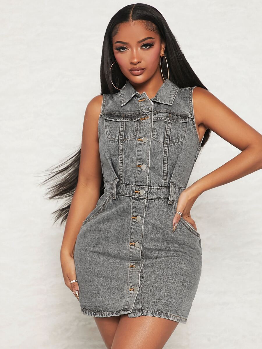SHEIN SXY Button Front Denim Dress - Grey - View 1
