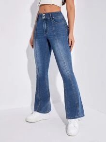 Slant Pocket Flare Leg Jeans - Dark Wash - View 5