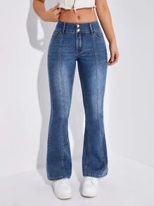 Slant Pocket Flare Leg Jeans - Dark Wash - View 6