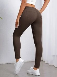 SHEIN Essnce Slant Pocket Skinny Jeans - Coffee Brown - View 2