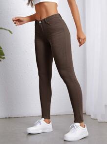SHEIN Essnce Slant Pocket Skinny Jeans - Coffee Brown - View 5