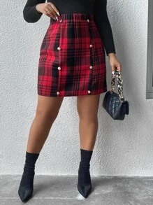 Celure Plus Plaid Print Button Detail Skirt - Multicolor - View 6