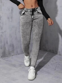 Slant Pocket Skinny Jeans - Grey - View 6