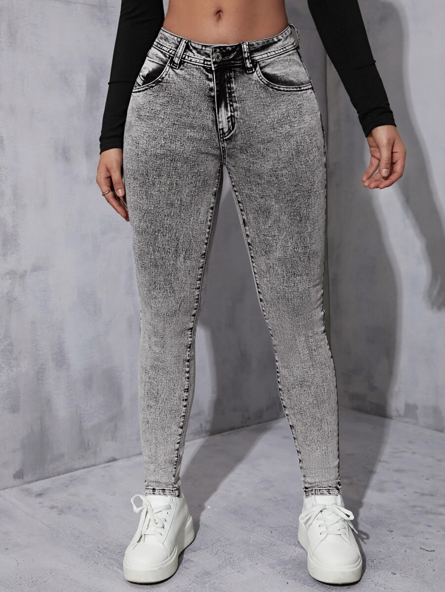 Slant Pocket Skinny Jeans - Grey - View 1