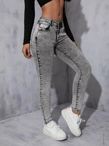 Slant Pocket Skinny Jeans - Grey - View 5