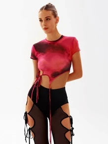 Tie Dye Knot Side Asymmetrical Hem Crop Mesh Top - Multicolor - View 1