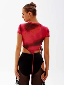 Tie Dye Knot Side Asymmetrical Hem Crop Mesh Top - Multicolor - View 2