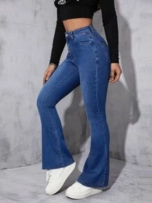 High Waist Flare Leg Jeans - Dark Wash - View 2