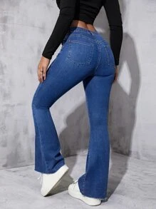 High Waist Flare Leg Jeans - Dark Wash - View 3