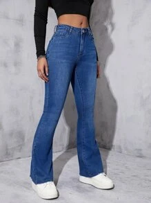 High Waist Flare Leg Jeans - Dark Wash - View 5