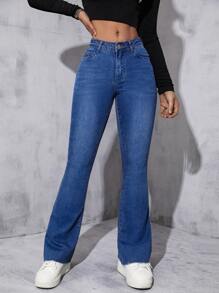 High Waist Flare Leg Jeans - Dark Wash - View 1