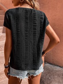 SHEIN LUNE Solid Batwing Sleeve Tee - Black - View 2