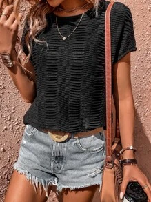 SHEIN LUNE Solid Batwing Sleeve Tee - Black - View 4