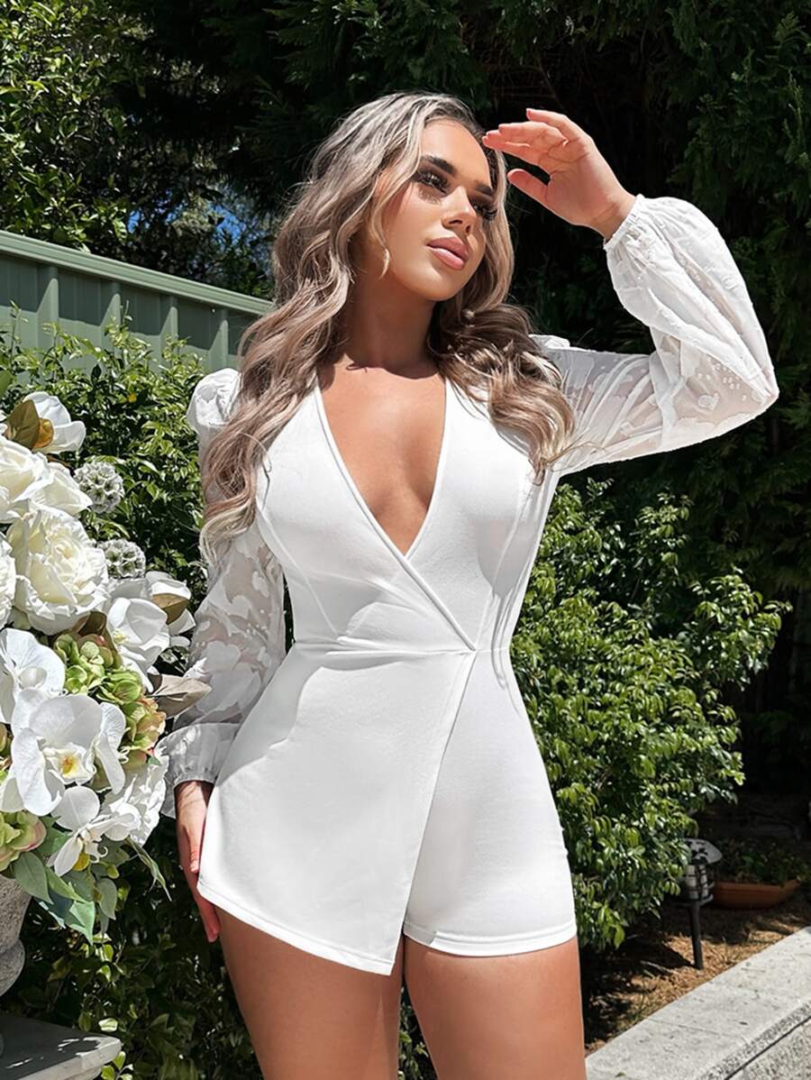 SHEIN SXY 網紗拼接燈籠袖深V領連身短褲 - 白色 - 查看 1