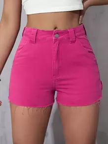 SHEIN EZwear Zipper Fly Raw Hem Denim Shorts - Hot Pink - View 5