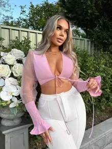 SHEIN SXY Áo nữ Tương phản Mesh Xù Dải chun Thắt nơ trước màu trơn Gợi cảm - Hồng - Xem 1