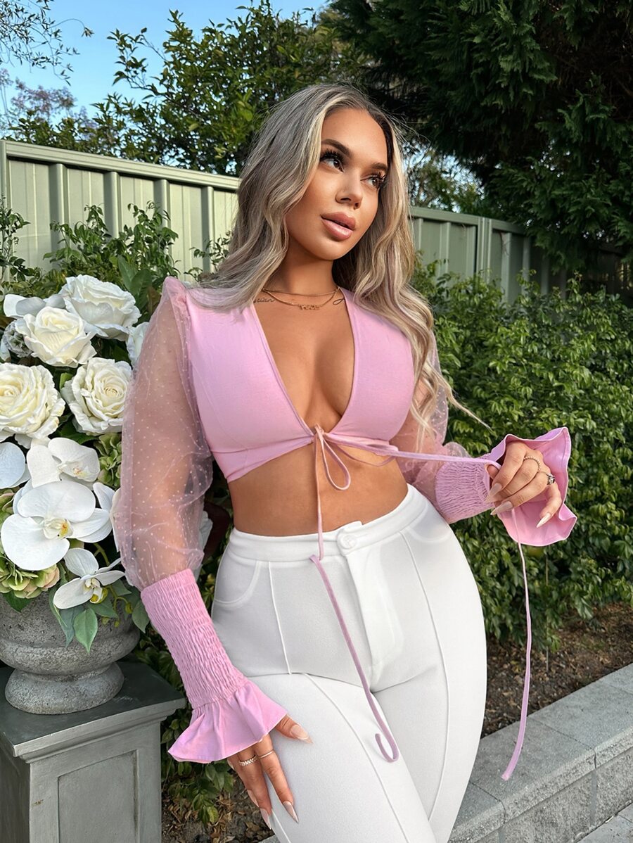 SHEIN SXY Áo nữ Tương phản Mesh Xù Dải chun Thắt nơ trước màu trơn Gợi cảm - Hồng - Xem 1