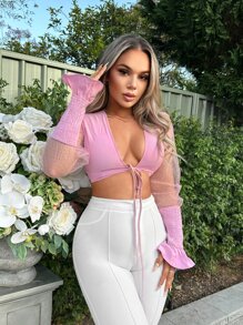 SHEIN SXY Áo nữ Tương phản Mesh Xù Dải chun Thắt nơ trước màu trơn Gợi cảm - Hồng - Xem 3