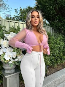 SHEIN SXY Áo nữ Tương phản Mesh Xù Dải chun Thắt nơ trước màu trơn Gợi cảm - Hồng - Xem 5