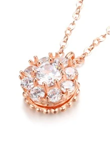 Cubic Zirconia Round Charm Silver Necklace - Rose Gold - View 4
