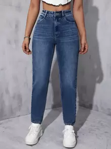 High Waist Mom Fit Jeans - Dark Wash - View 1