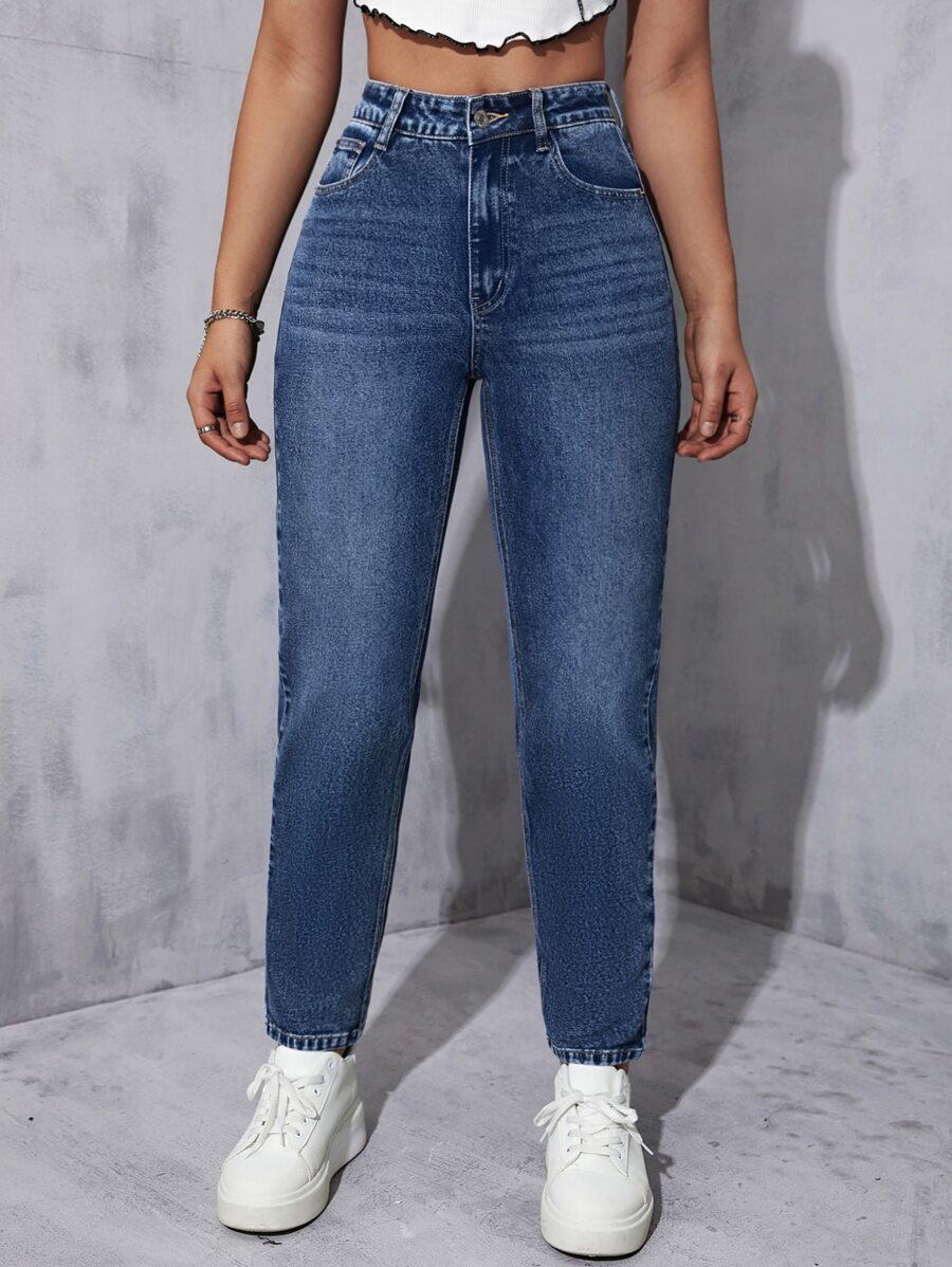 High Waist Mom Fit Jeans - Dark Wash - View 1