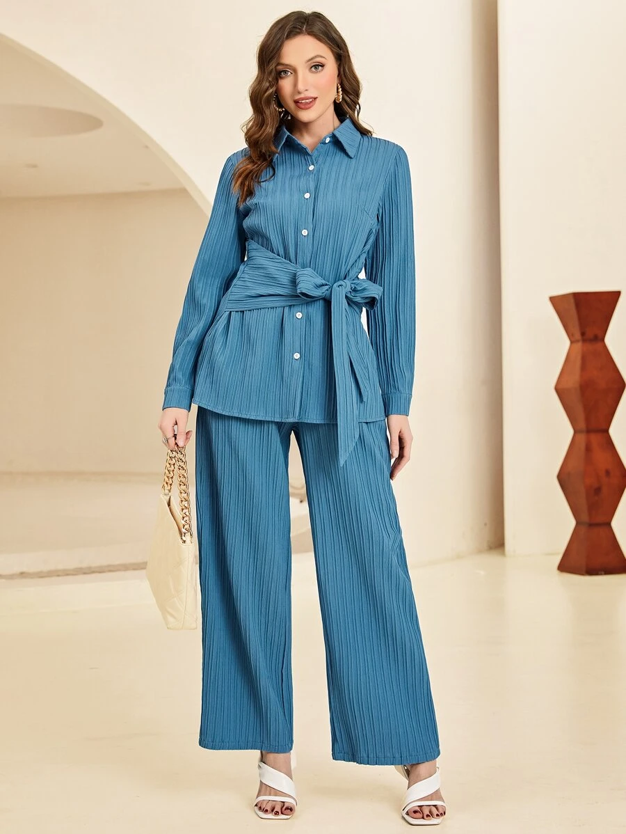 Mulvari Striped Print Belted Shirt & Wide Leg Trousers - Blue - View 1