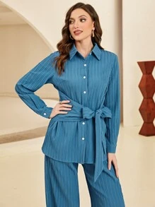 Mulvari Striped Print Belted Shirt & Wide Leg Trousers - Blue - View 3