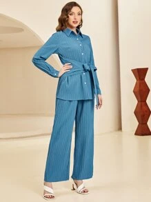 Mulvari Striped Print Belted Shirt & Wide Leg Trousers - Blue - View 4