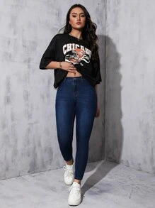 High Waist Skinny Jeans - Dark Wash - View 4