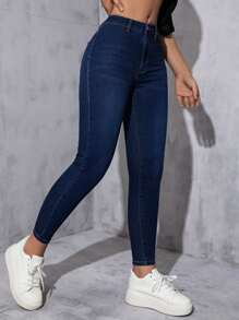 High Waist Skinny Jeans - Dark Wash - View 1