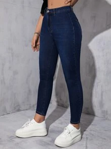 High Waist Skinny Jeans - Dark Wash - View 2