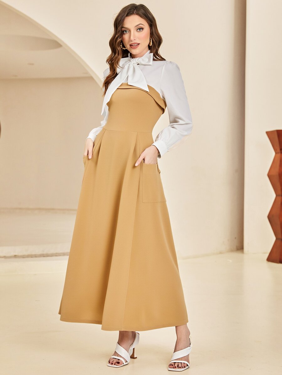 Modelyn Tie Neck Pocket Patched 2 In 1 Dress - Camel - View 1