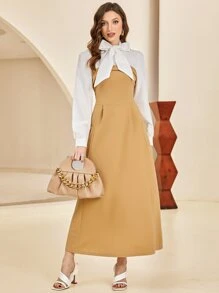 Modelyn Tie Neck Pocket Patched 2 In 1 Dress - Camel - View 3