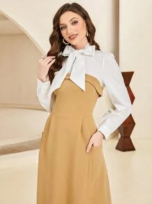 Modelyn Tie Neck Pocket Patched 2 In 1 Dress - Camel - View 4