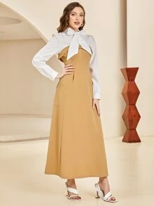 Modelyn Tie Neck Pocket Patched 2 In 1 Dress - Camel - View 5