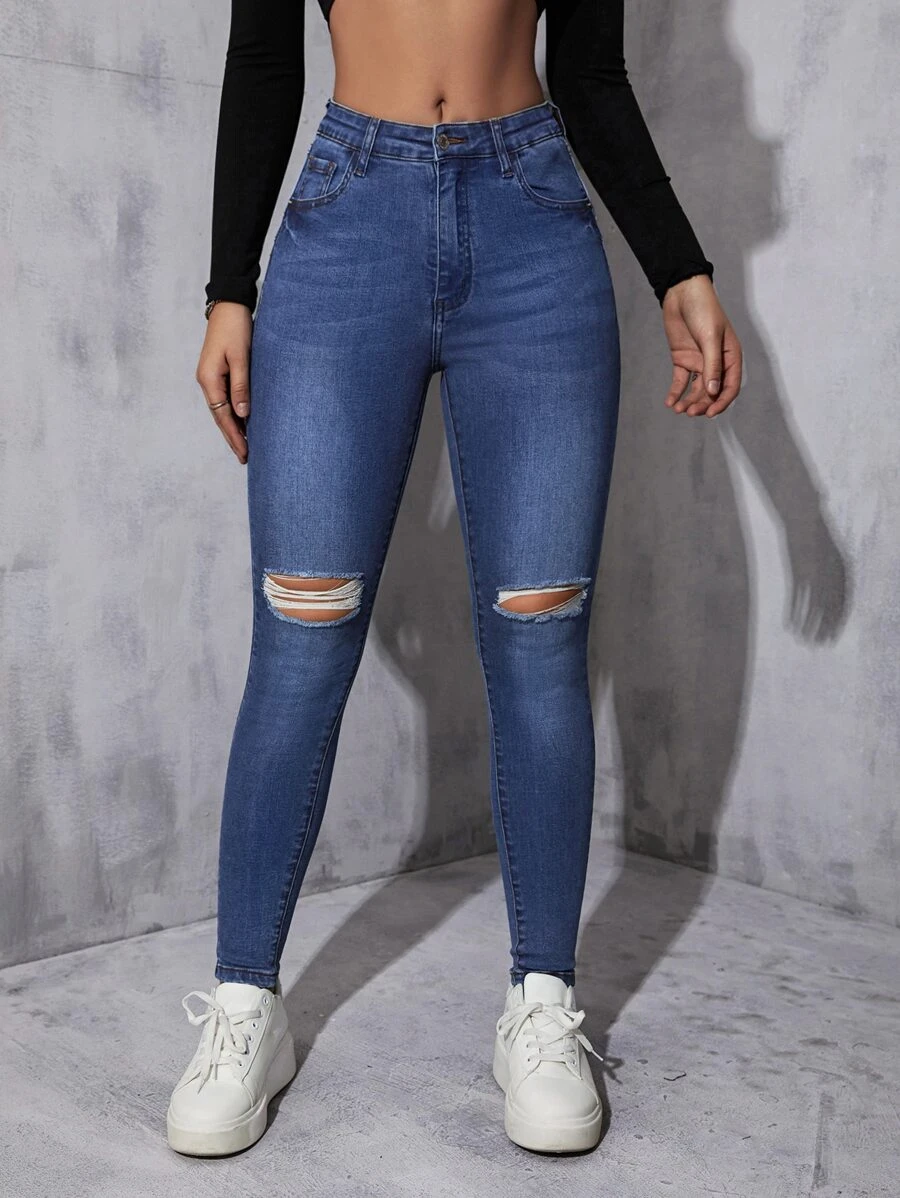 Ripped Skinny Jeans - Dark Wash - View 1