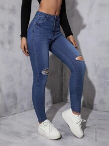 Ripped Skinny Jeans - Dark Wash - View 5