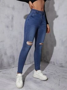 Ripped Skinny Jeans - Dark Wash - View 2