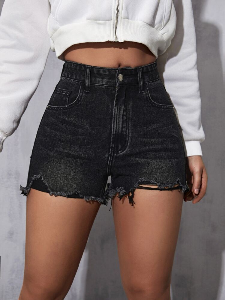 Raw Hem Denim Shorts - Black - View 2