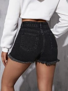 Raw Hem Denim Shorts - Black - View 3