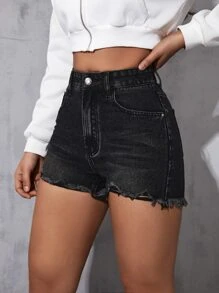 Raw Hem Denim Shorts - Black - View 5