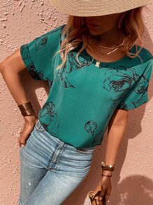 SHEIN LUNE Floral Print Batwing Sleeve Blouse - Green - View 5