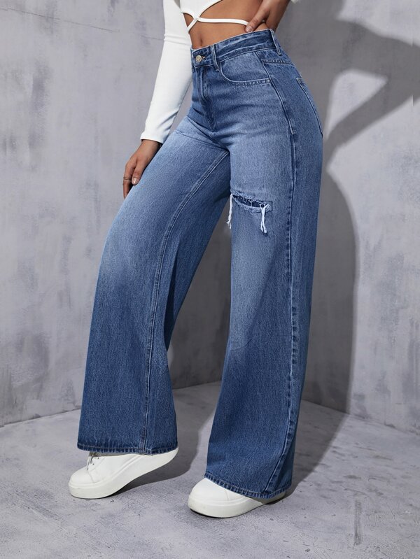 Ripped Wide Leg Jeans SHEIN USA