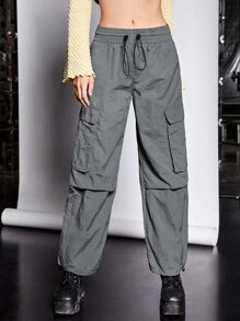 SHEIN ICON Drawstring Waist Flap Pocket Cargo Trousers - Dark Grey - View 1