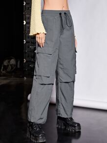 SHEIN ICON Drawstring Waist Flap Pocket Cargo Trousers - Dark Grey - View 7