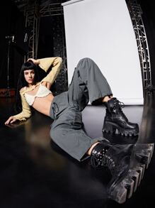 SHEIN ICON Drawstring Waist Flap Pocket Cargo Trousers - Dark Grey - View 4