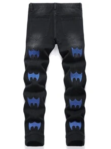 Men Embroidery Detail Pocket Jeans - Black - View 1