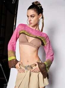 SHEIN ICON Jersey crop de color combinado de manga con volante sin sujetador - Multicolor - Ver 6