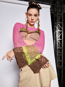 SHEIN ICON Jersey crop de color combinado de manga con volante sin sujetador - Multicolor - Ver 5